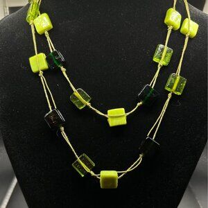 Multi Green and black Large Necklace Strand Glass Square Beads Statement